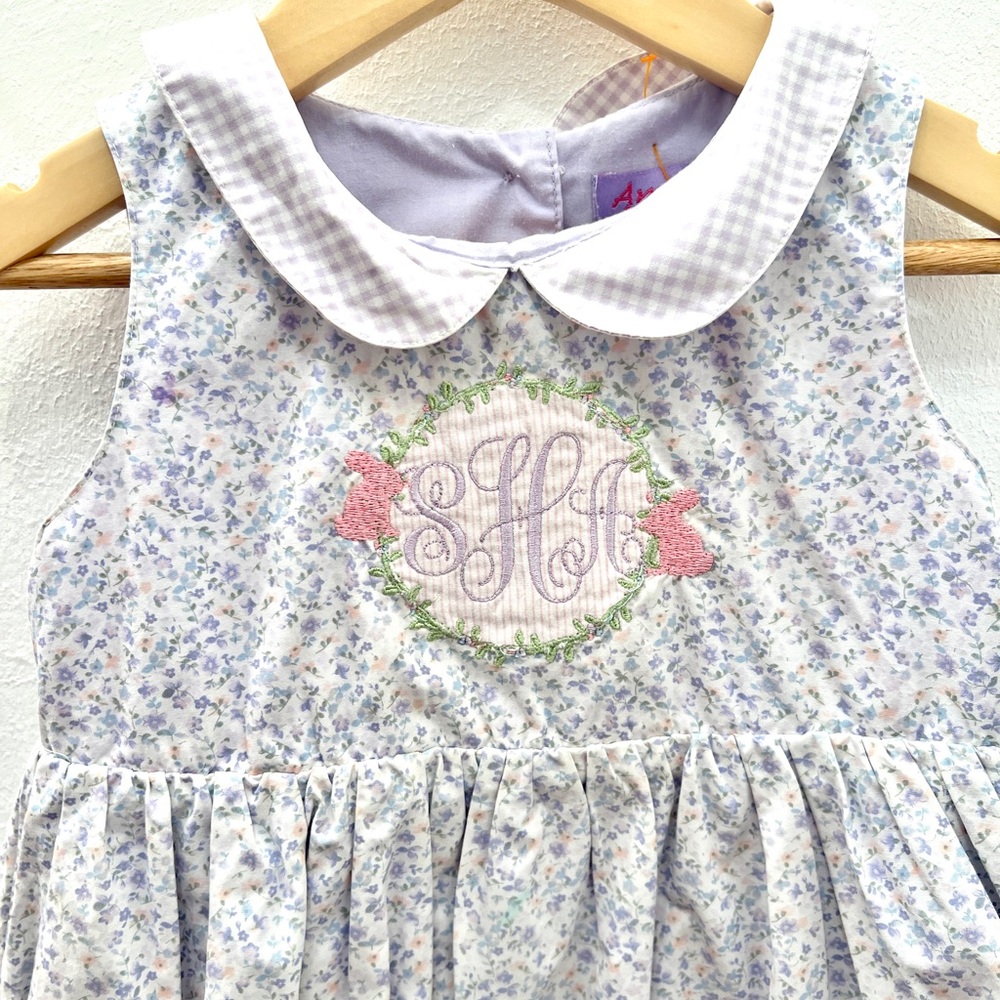 Girls 4T Lavender Floral Peter Pan Collar Dress  Embroidered “SHA” Monogram - Picture 3 of 7